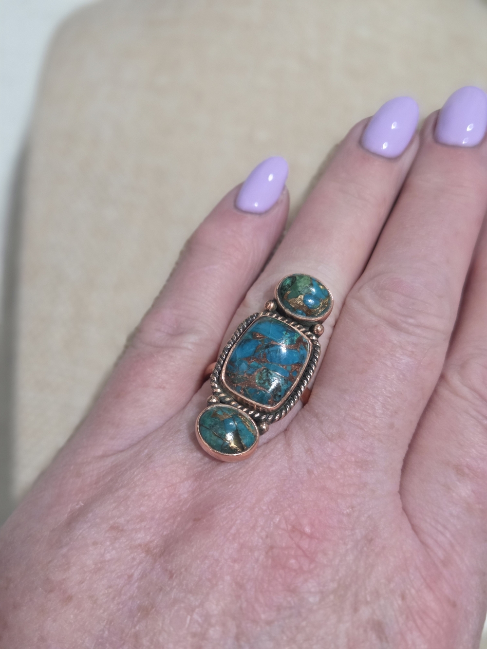 Turquoise Inlay Copper Statement Ring - Blue Green - Picture 6 of 6